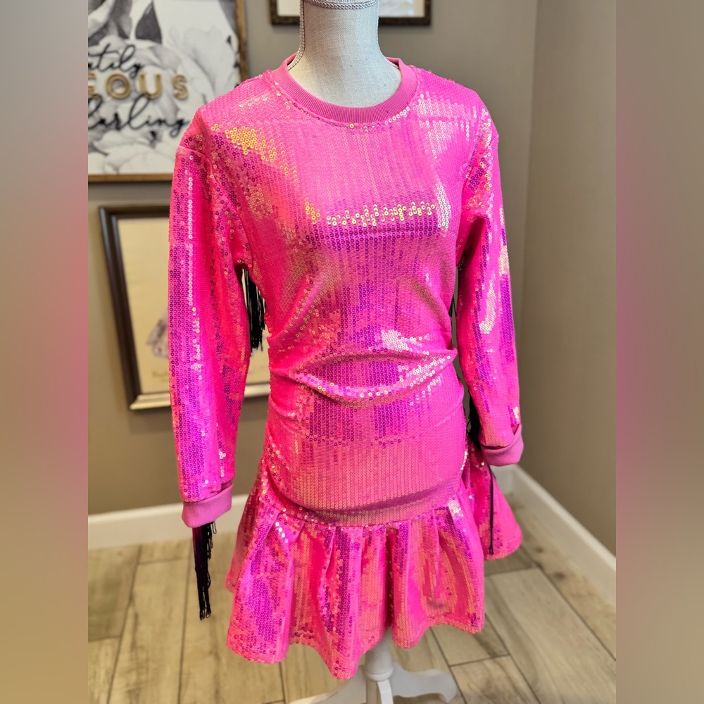 New! QUEEN OF SPARKLES Pink Sequin Long Sleeve Fringe Back Dress